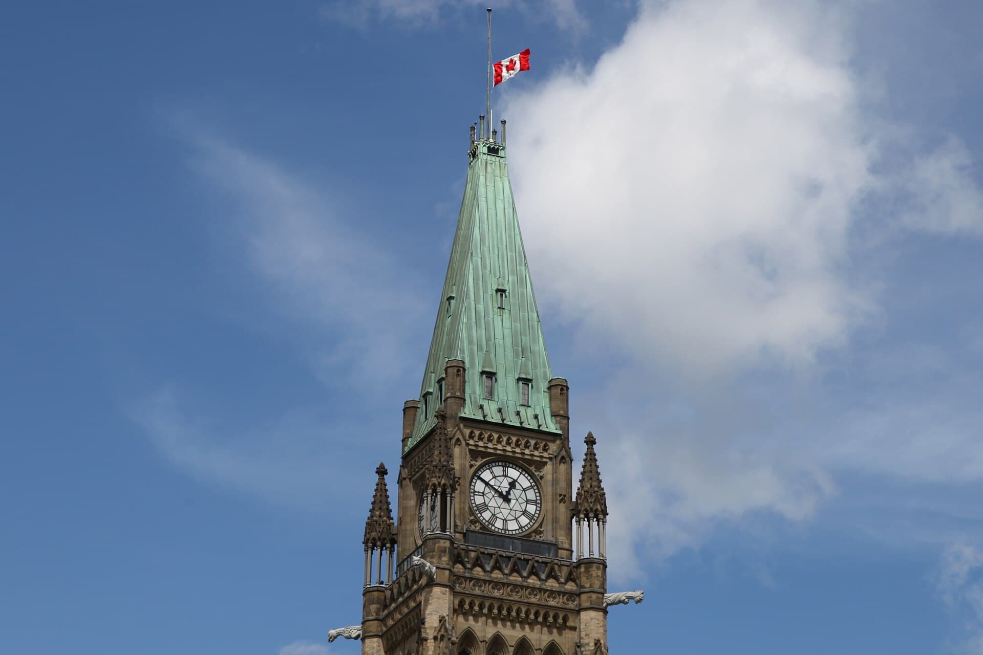 The Canadian flag at half-mast on the Peace Tower in Ottawa.