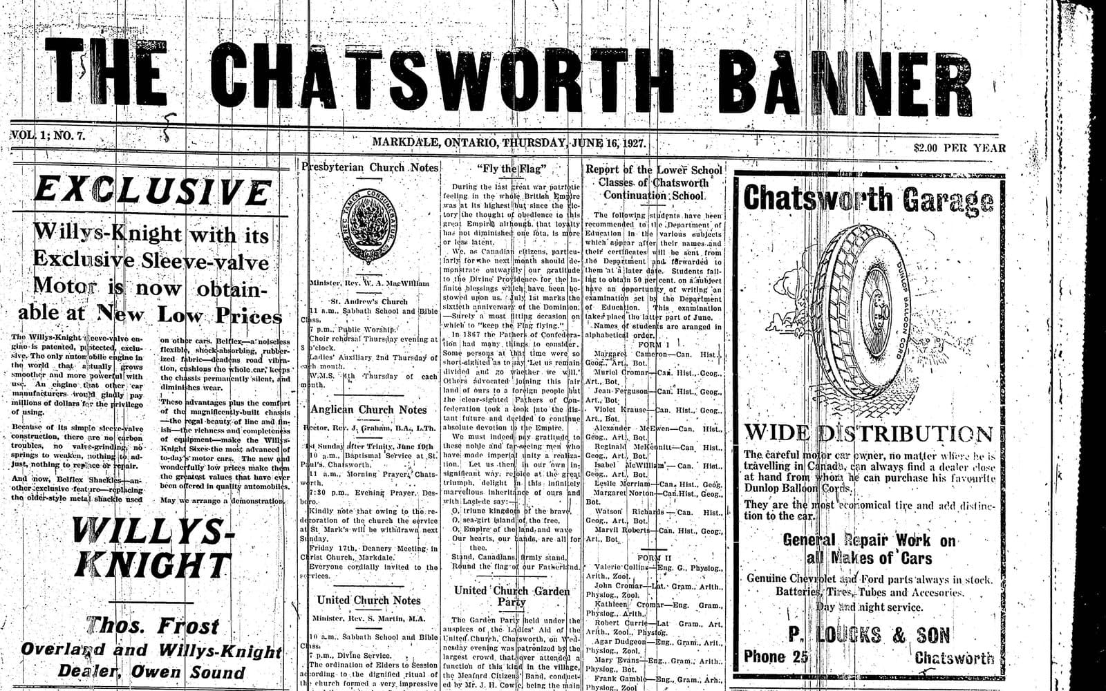 The top of a 1927 newspaper front page under a large masthead reading The Chatsworth Banner, with a dateline from Markdale, Ontario, church notes, a school report and advertisements for cars and a Chatsworth garage.
