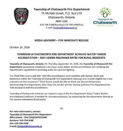 The Township of Chatsworth Fire Department's Oct. 20, 2026 media advisory on the water tanker accreditation