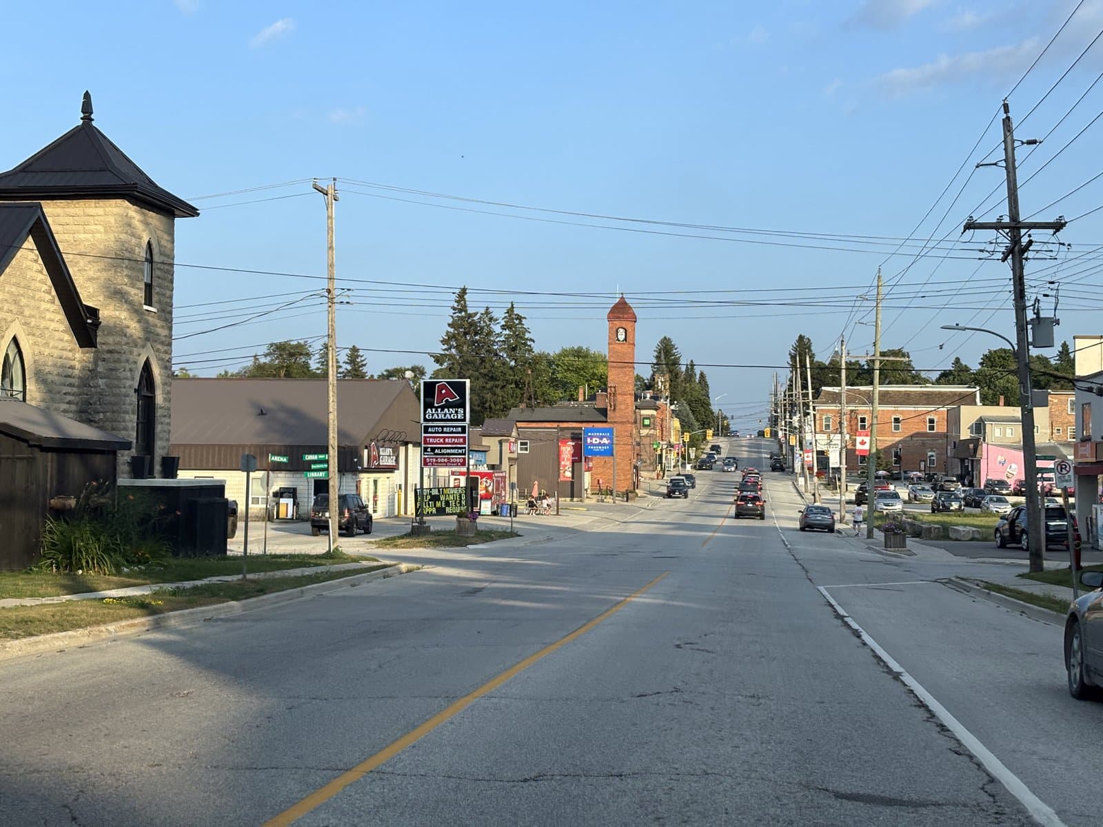 Main street in Markdale, Ontario, with the clock tower in the distance
