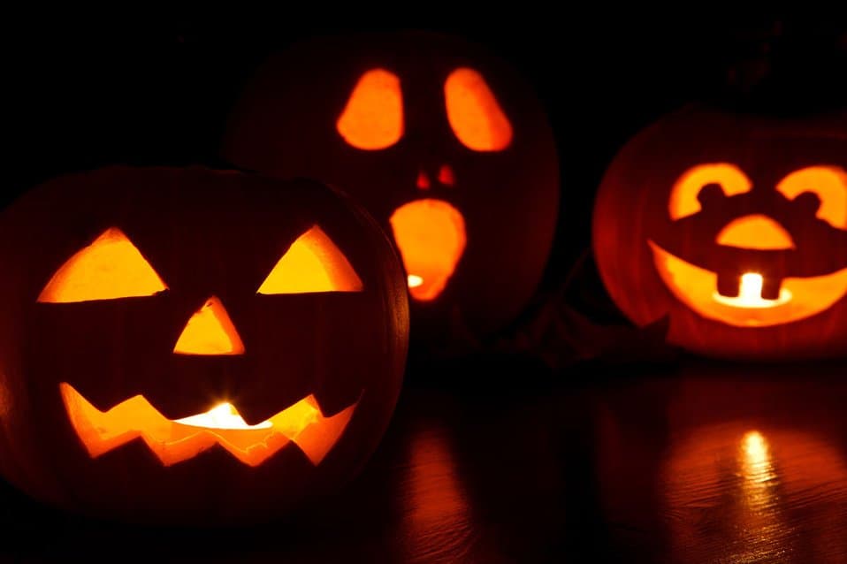 A row of carved jack-o'-lantern pumpkins