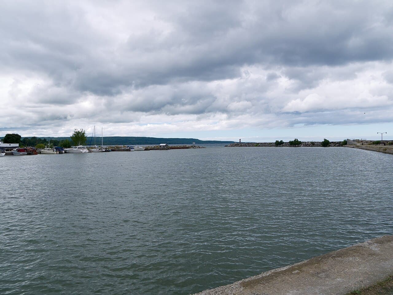 Meaford Harbour under a cloudy sky.