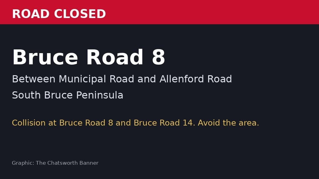 Banner-made graphic showing Bruce Road 8 closed between Municipal Road and Allenford Road in South Bruce Peninsula.