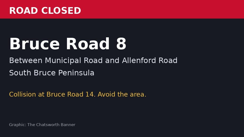 Banner-made graphic showing Bruce Road 8 closed between Municipal Road and Allenford Road in South Bruce Peninsula.