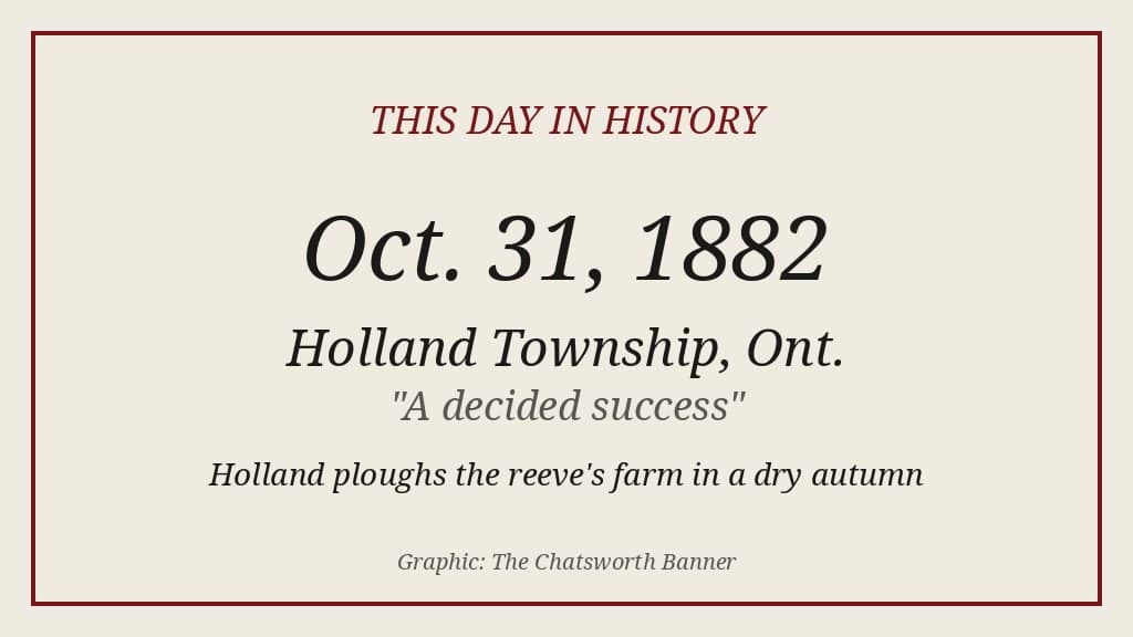 Banner-made title card reading This Day in History, Oct. 31, 1882, Holland Township, Ont.