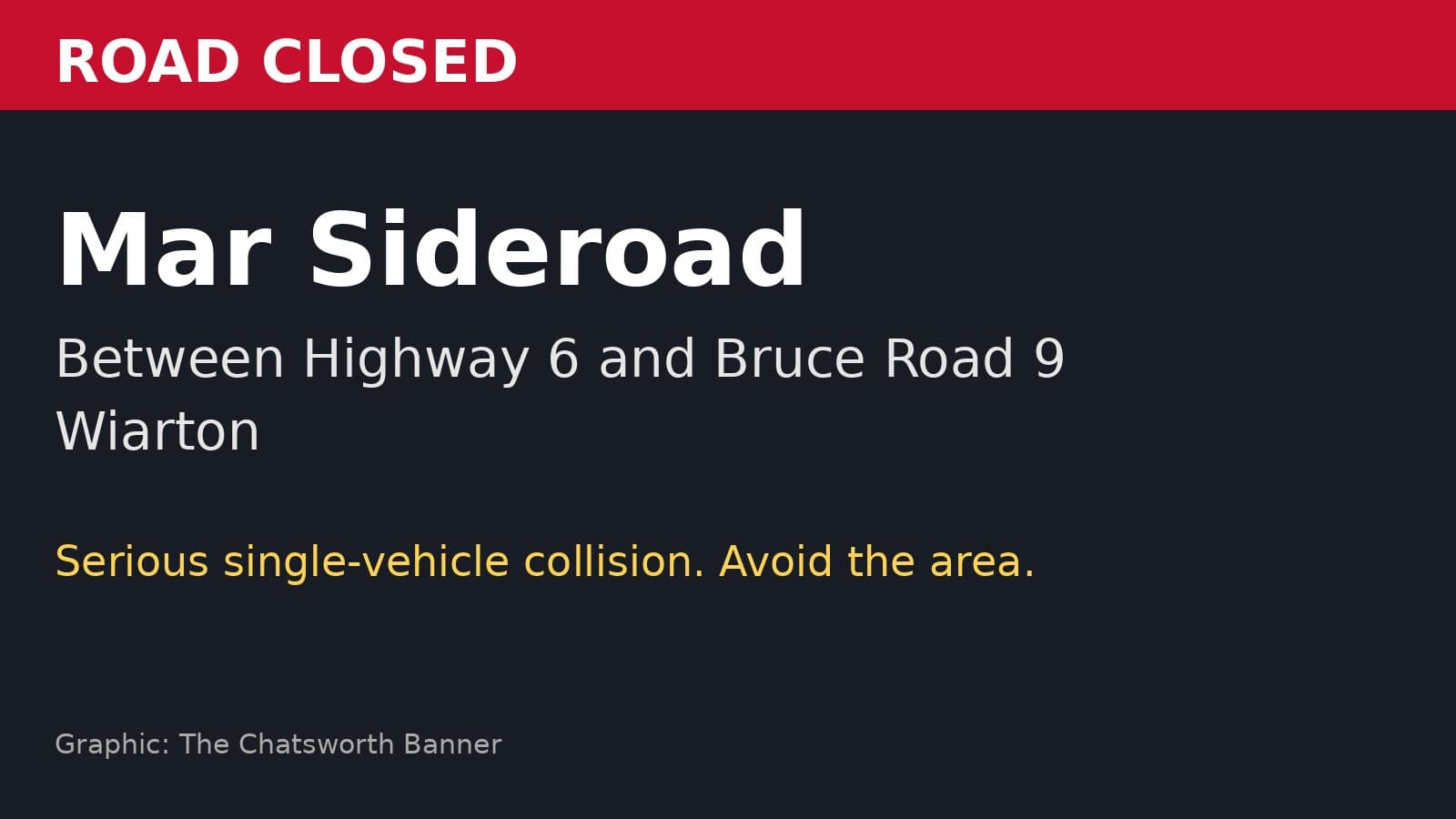 Banner-made graphic showing Mar Sideroad closed between Highway 6 and Bruce Road 9 in Wiarton.