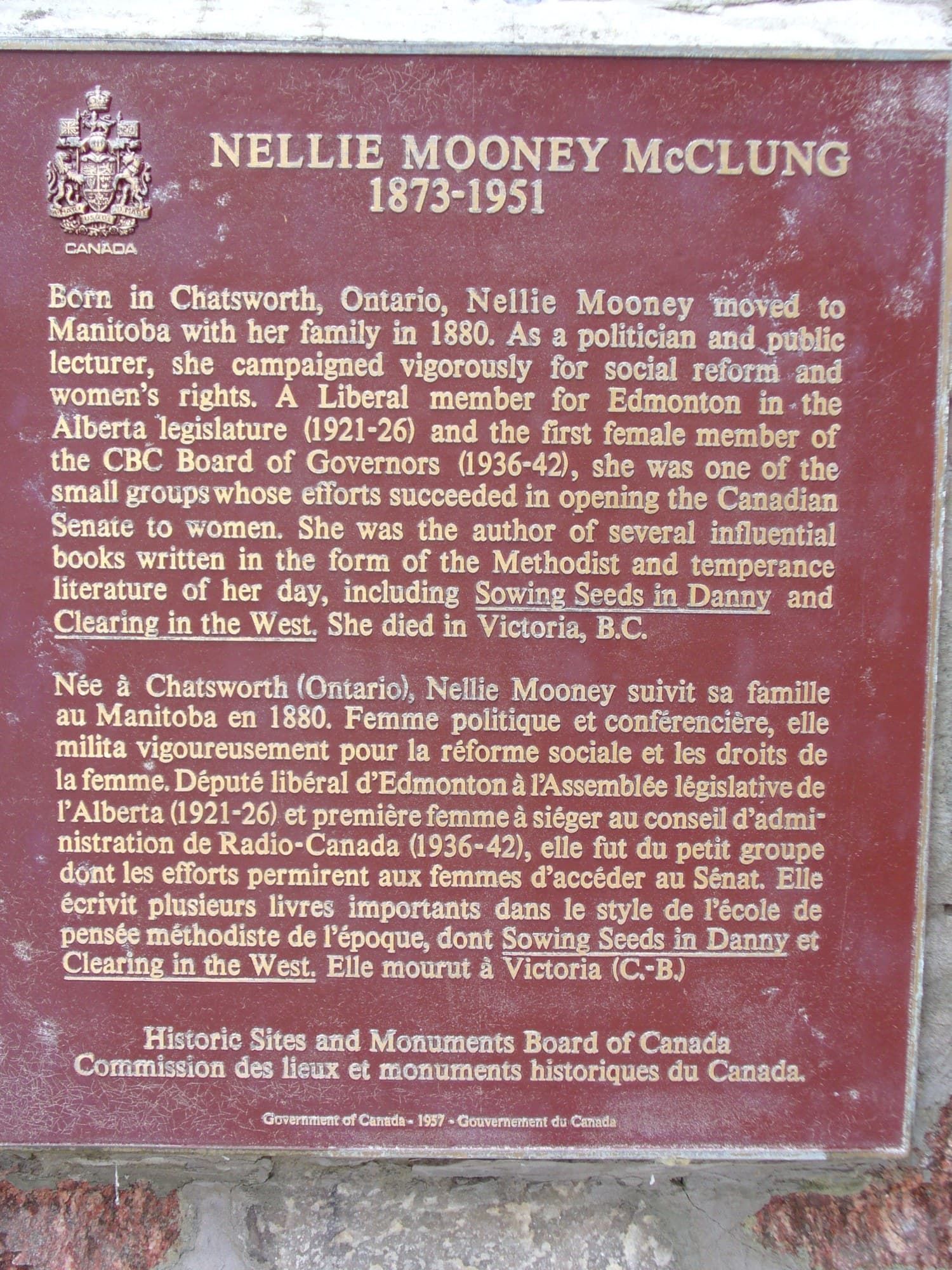 Ontario Heritage plaque for Nellie McClung near Chatsworth